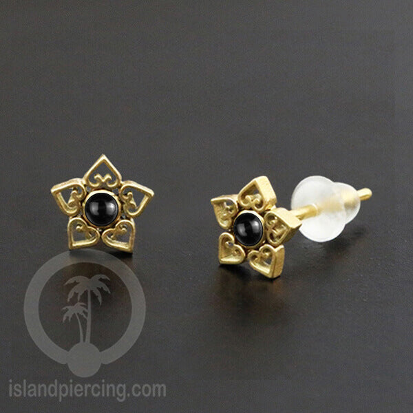 Anting Stud Stainless Earring warna gold dengan batu Turquoise dan Onyx Hitam