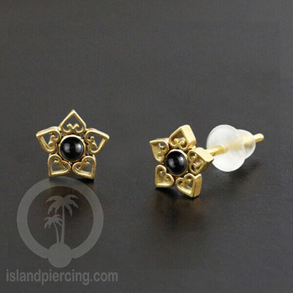 Anting Stud Stainless Earring warna gold dengan batu Turquoise dan Onyx Hitam