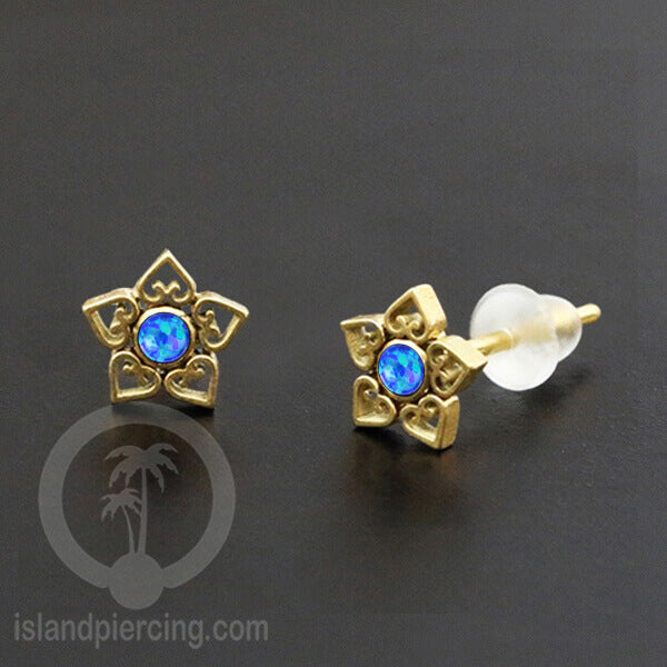 Anting Stud Stainless Earring warna gold dengan batu Opal Biru dan Putih
