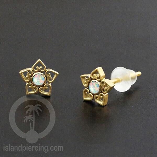 Anting Stud Stainless Earring warna gold dengan batu Opal Biru dan Putih
