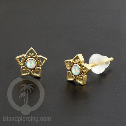 Anting Stud Stainless Earring warna gold dengan batu Opal Biru dan Putih