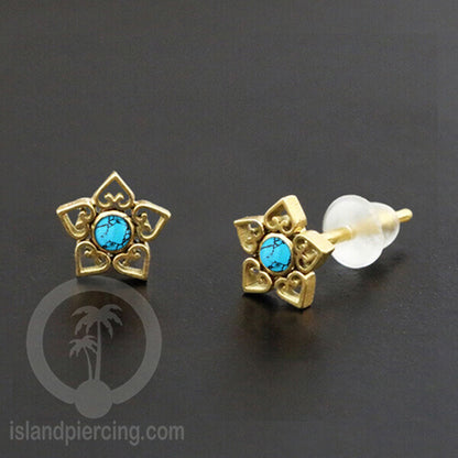 Anting Stud Stainless Earring warna gold dengan batu Turquoise dan Onyx Hitam