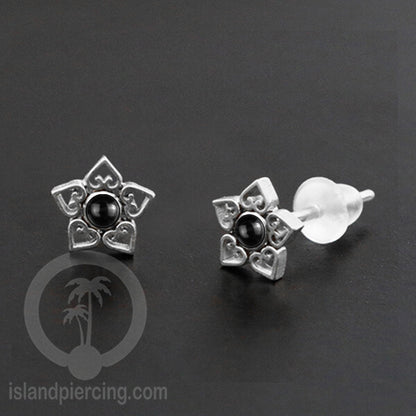 Anting Stud Stainless Earring warna silver dengan batu Turquoise dan Onyx Hitam