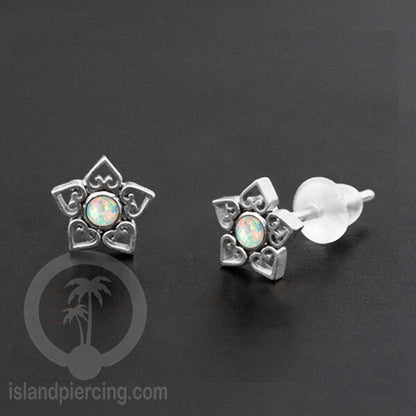 Anting Stud Stainless Earring warna silver dengan batu Opal Biru dan Putih