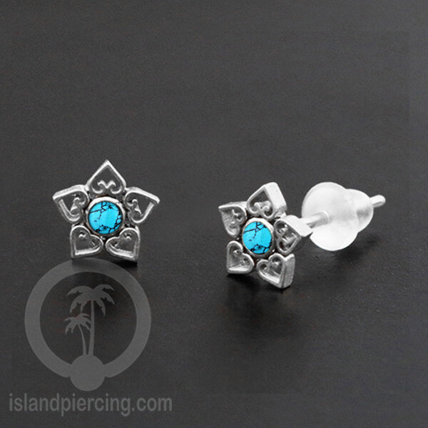 Anting Stud Stainless Earring warna silver dengan batu Turquoise dan Onyx Hitam