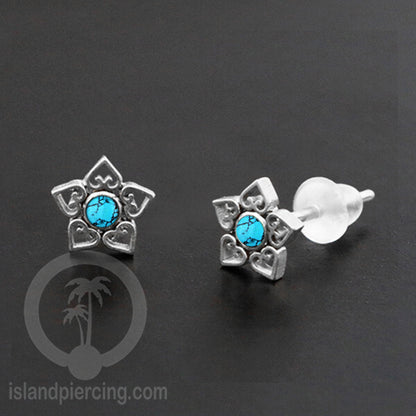 Anting Stud Stainless Earring warna silver dengan batu Turquoise dan Onyx Hitam