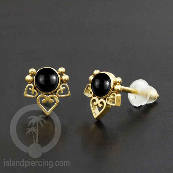 Anting Stud Stainless Earring warna gold dengan batu Turquoise dan Onyx Hitam