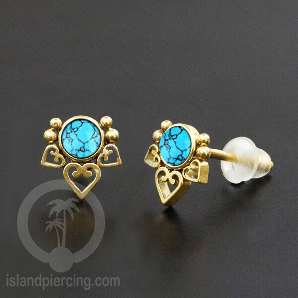 Anting Stud Stainless Earring warna gold dengan batu Turquoise dan Onyx Hitam