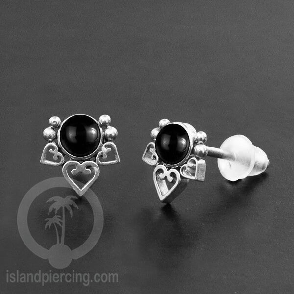 Anting Stud Stainless Earring warna silver dengan batu Turquoise dan Onyx Hitam