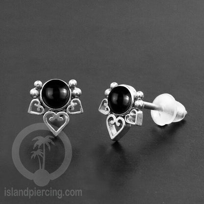 Anting Stud Stainless Earring warna silver dengan batu Turquoise dan Onyx Hitam