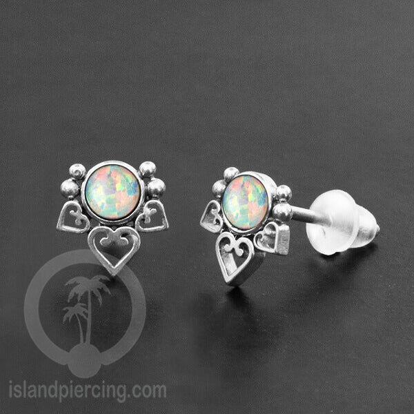 Anting Stud Stainless Earring warna silver dengan batu Opal Biru dan Putih