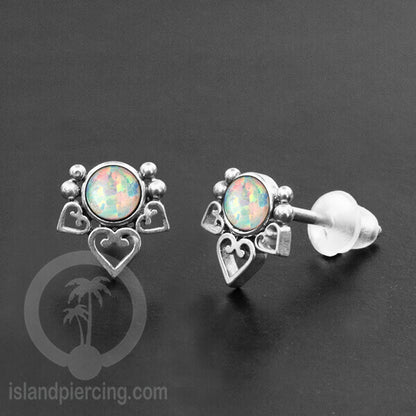 Anting Stud Stainless Earring warna silver dengan batu Opal Biru dan Putih