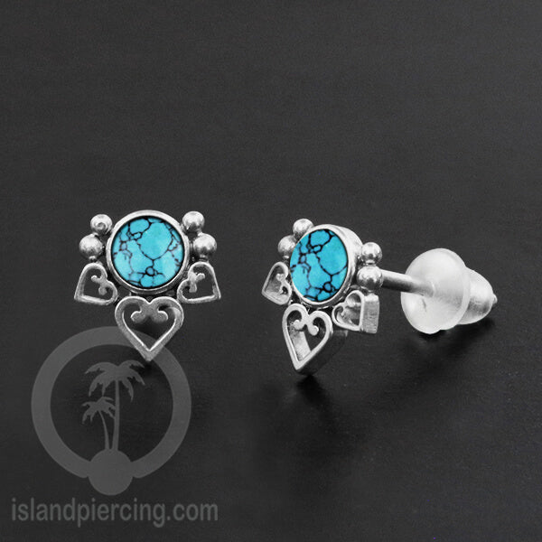 Anting Stud Stainless Earring warna silver dengan batu Turquoise dan Onyx Hitam