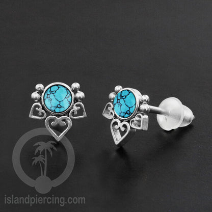 Anting Stud Stainless Earring warna silver dengan batu Turquoise dan Onyx Hitam