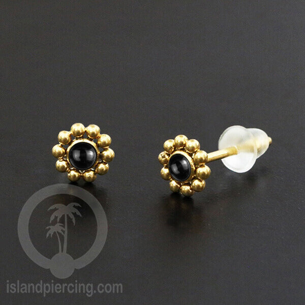 Anting Stud Stainless Earring warna gold dengan batu Turquoise dan Onyx Hitam
