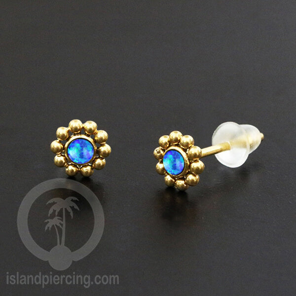Anting Stud Stainless Earring warna gold dengan batu Opal Biru dan Putih