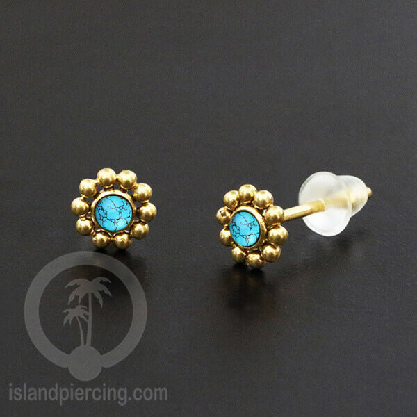 Anting Stud Stainless Earring warna gold dengan batu Turquoise dan Onyx Hitam