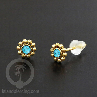 Anting Stud Stainless Earring warna gold dengan batu Turquoise dan Onyx Hitam