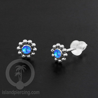 Anting Stud Stainless Earring warna silver dengan batu Opal Biru dan Putih