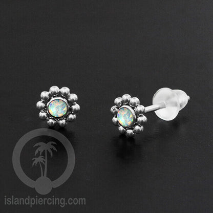 Anting Stud Stainless Earring warna silver dengan batu Opal Biru dan Putih