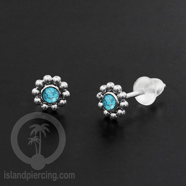 Anting Stud Stainless Earring warna silver dengan batu Turquoise dan Onyx Hitam