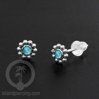 Anting Stud Stainless Earring warna silver dengan batu Turquoise dan Onyx Hitam