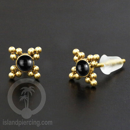 Anting Stud Stainless Earring warna gold dengan batu Turquoise dan Onyx Hitam