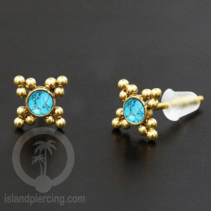 Anting Stud Stainless Earring warna gold dengan batu Turquoise dan Onyx Hitam