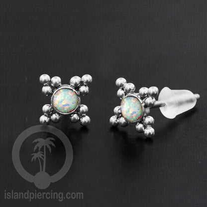 Anting Stud Stainless Earring warna silver dengan batu Opal Biru dan Putih