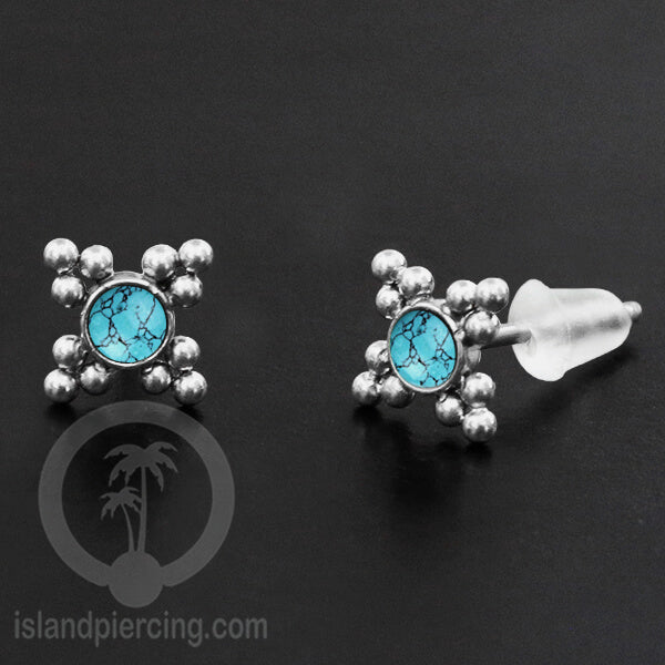Anting Stud Stainless Earring warna silver dengan batu Turquoise dan Onyx Hitam
