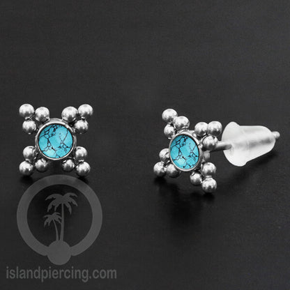 Anting Stud Stainless Earring warna silver dengan batu Turquoise dan Onyx Hitam