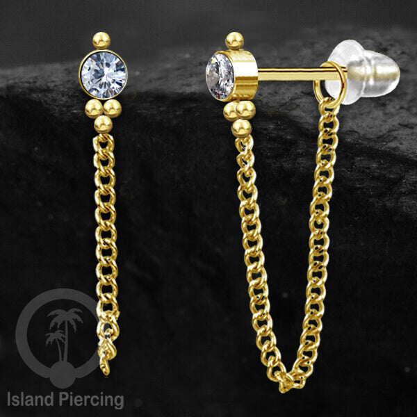 Anting Stud Stainless warna Gold dengan rantai dan variasi batu, 316L Steel Ear Studs with Stones