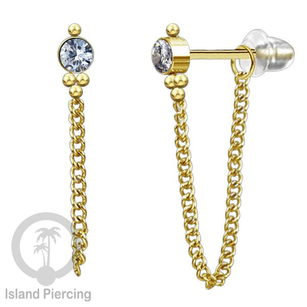 Anting Stud Stainless warna Gold dengan rantai dan variasi batu, 316L Steel Ear Studs with Stones