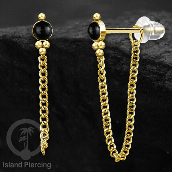 Anting Stud Stainless warna Gold dengan rantai dan variasi batu, 316L Steel Ear Studs with Stones