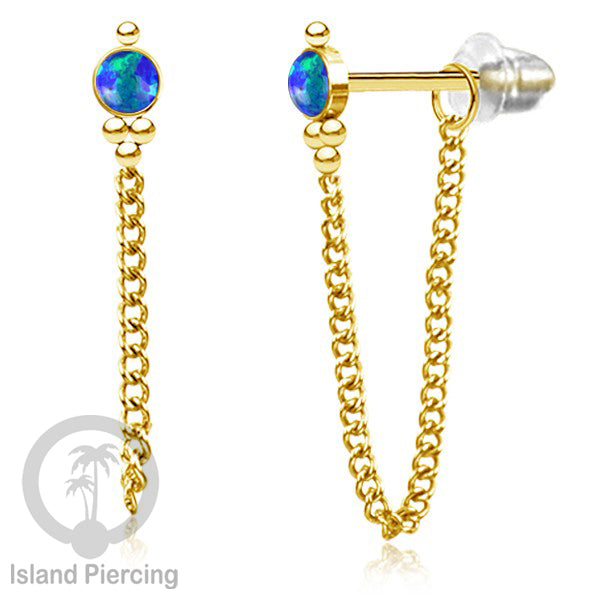 Anting Stud Stainless warna Gold dengan rantai dan variasi batu, 316L Steel Ear Studs with Stones