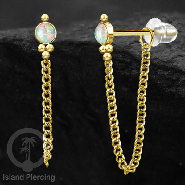 Anting Stud Stainless warna Gold dengan rantai dan variasi batu, 316L Steel Ear Studs with Stones