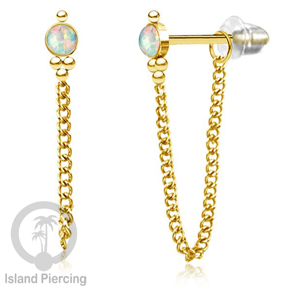 Anting Stud Stainless warna Gold dengan rantai dan variasi batu, 316L Steel Ear Studs with Stones