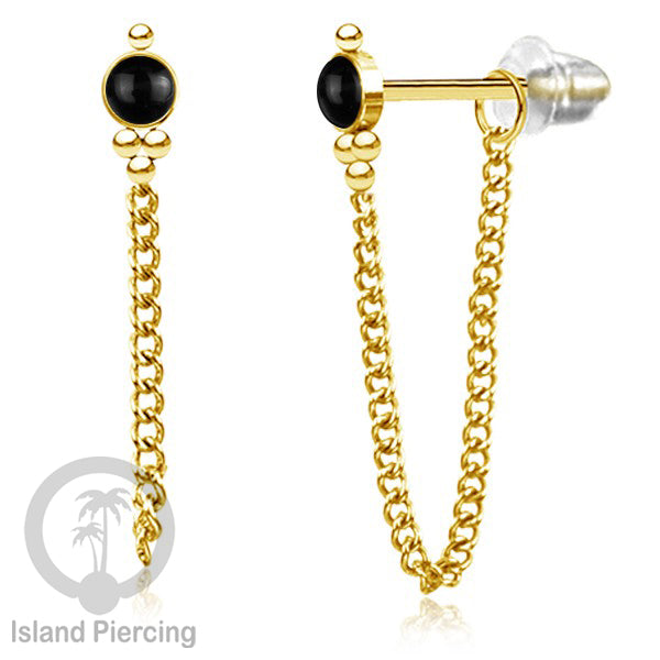 Anting Stud Stainless warna Gold dengan rantai dan variasi batu, 316L Steel Ear Studs with Stones