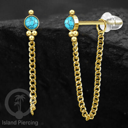 Anting Stud Stainless warna Gold dengan rantai dan variasi batu, 316L Steel Ear Studs with Stones
