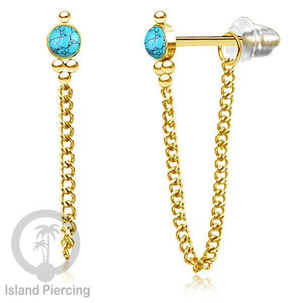 Anting Stud Stainless warna Gold dengan rantai dan variasi batu, 316L Steel Ear Studs with Stones