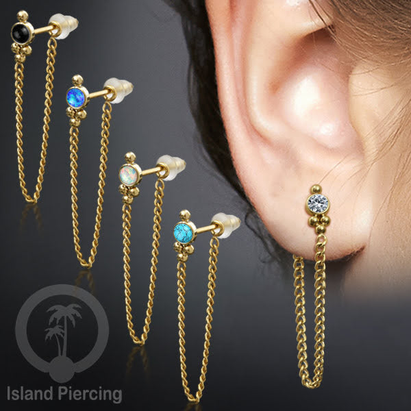 Anting Stud Stainless warna Gold dengan rantai dan variasi batu, 316L Steel Ear Studs with Stones