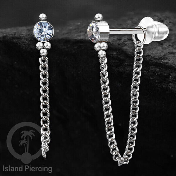 Anting Stud Stainless warna Silver dengan rantai dan variasi batu, 316L Steel Ear Studs with Stones