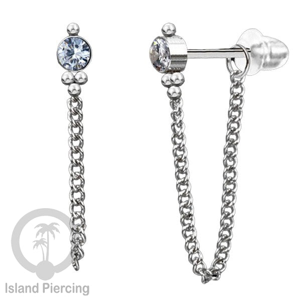 Anting Stud Stainless warna Silver dengan rantai dan variasi batu, 316L Steel Ear Studs with Stones