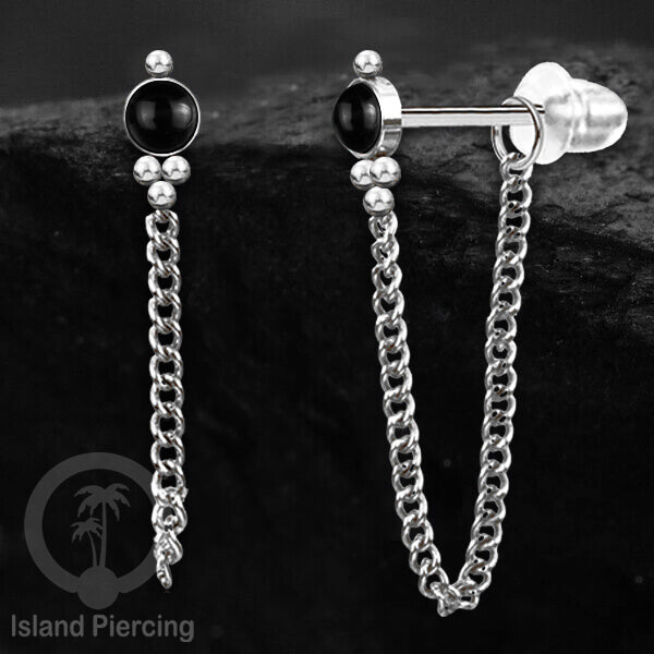 Anting Stud Stainless warna Silver dengan rantai dan variasi batu, 316L Steel Ear Studs with Stones