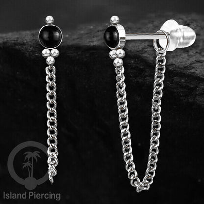 Anting Stud Stainless warna Silver dengan rantai dan variasi batu, 316L Steel Ear Studs with Stones