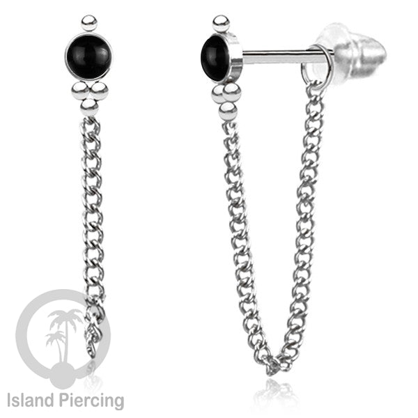 Anting Stud Stainless warna Silver dengan rantai dan variasi batu, 316L Steel Ear Studs with Stones