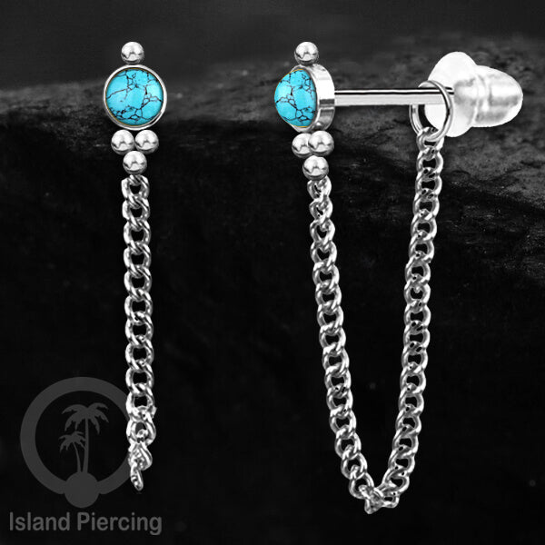 Anting Stud Stainless warna Silver dengan rantai dan variasi batu, 316L Steel Ear Studs with Stones