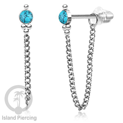 Anting Stud Stainless warna Silver dengan rantai dan variasi batu, 316L Steel Ear Studs with Stones