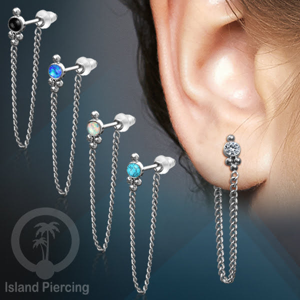 Anting Stud Stainless warna Silver dengan rantai dan variasi batu, 316L Steel Ear Studs with Stones