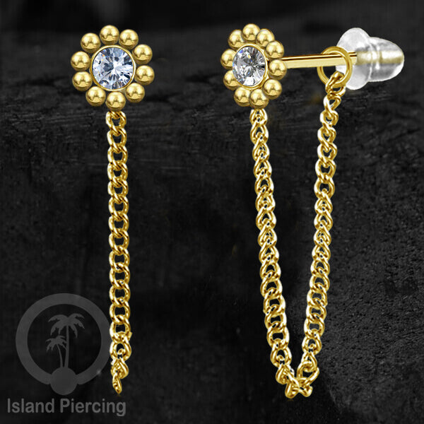 Anting Stud Stainless motif bunga warna Gold dengan rantai dan variasi batu, Steel Ear Studs with Stone